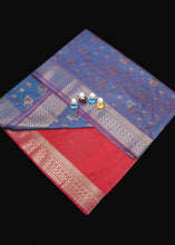 Load image into Gallery viewer, Sovereign Elegance: Classic Blue Saree with Red Pallu and Golden Zari Work
