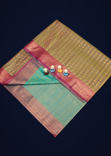 Load image into Gallery viewer, Mystical Elegance: Mint Green and Bluish Saree with Mehendi Gold Pallu
