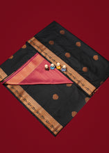 Load image into Gallery viewer, Gilded Elegance: Golden Black Soft Silk Saree with Dark Pink Pallu
