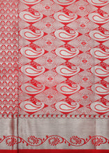 Load image into Gallery viewer, Radiant Allure: Red Silk Saree with Silver Zari Embellishments
